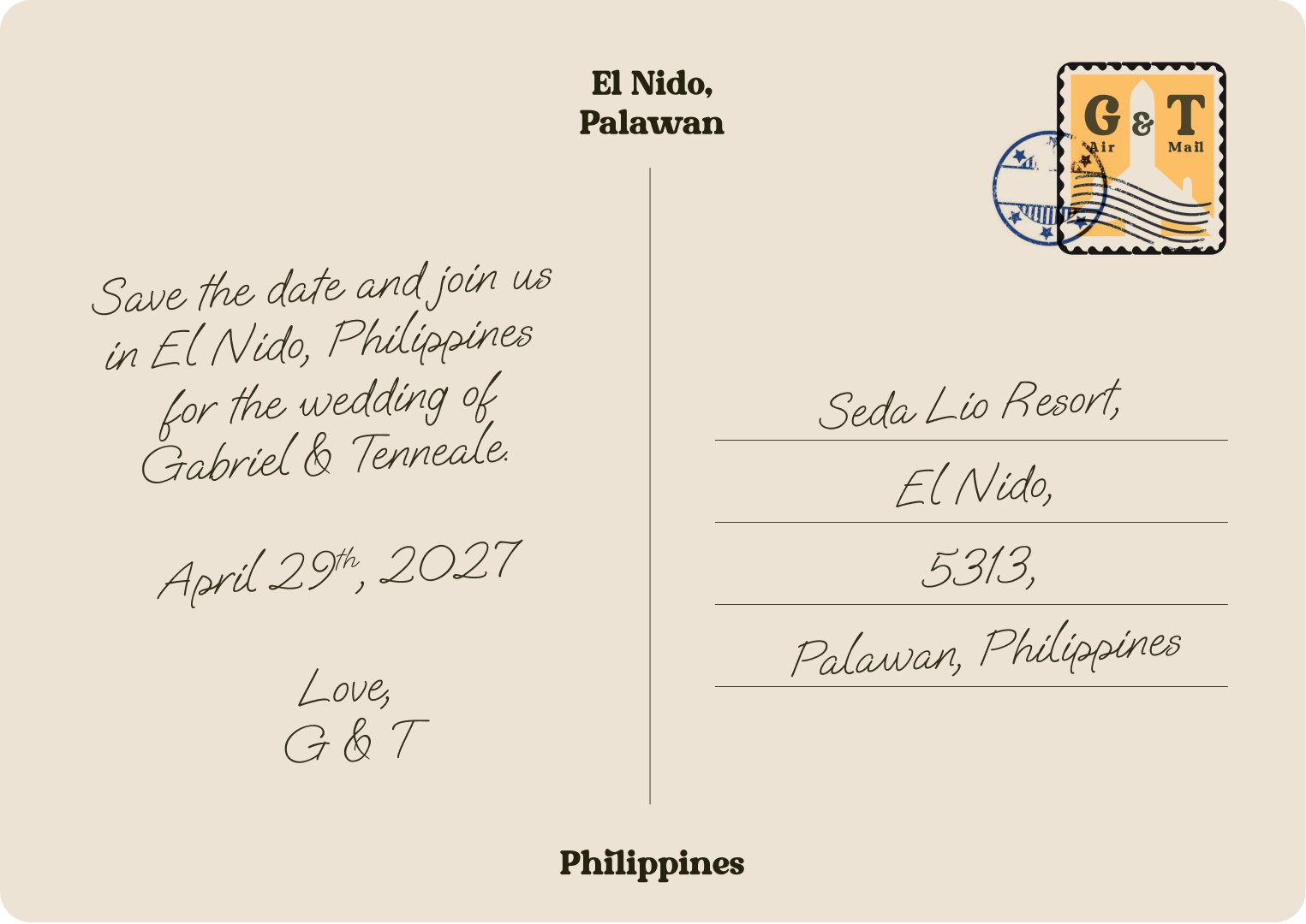 Postcard back with wedding details for Gabriel & Tenneale